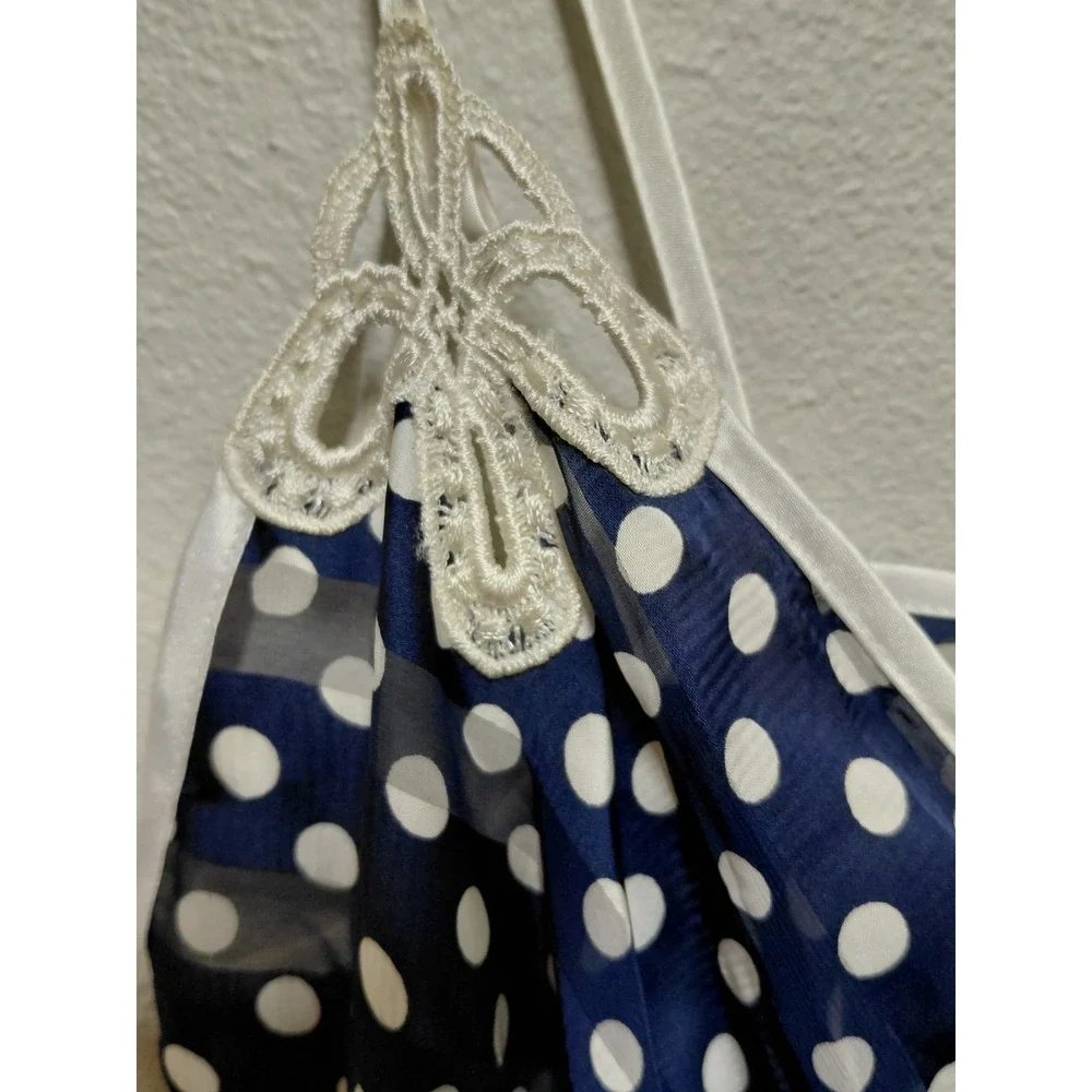 Josie by Natori Vtg Navy White Polka Dot Chiffon Lace Applique Babydoll Cami L